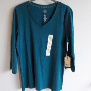NWT St John's Bay Women's Essential Tee - Medium - Teal 3/4 Sleeve V Neck (465)